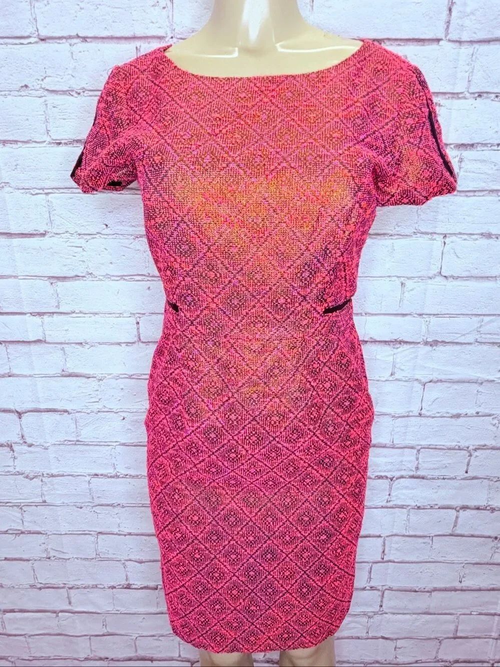 Antonio Melani Womens Pink Textured Tweed Metallic Short Sleeve Sheath Dress 6